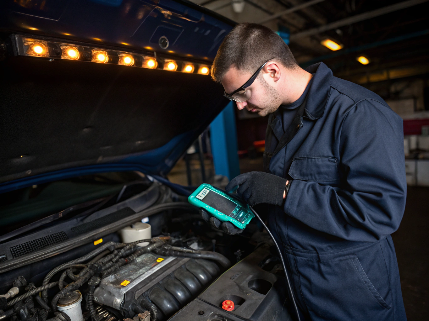 Professional mechanic performing a timing chain diagnostic on a modern engine
