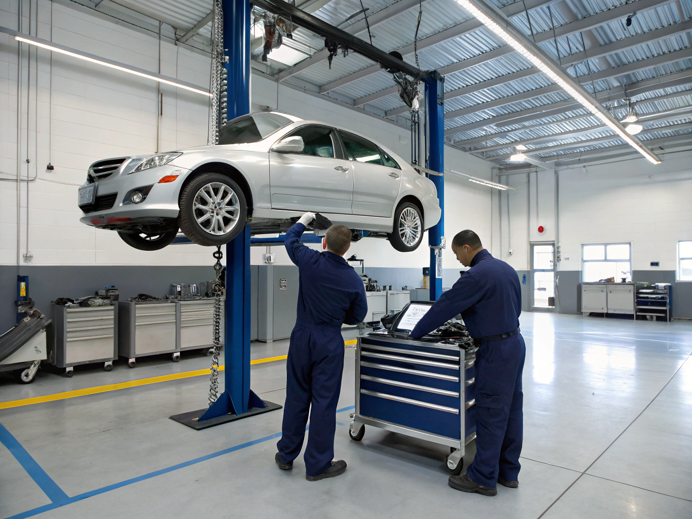 Professional mechanics performing regular vehicle servicing in a modern workshop