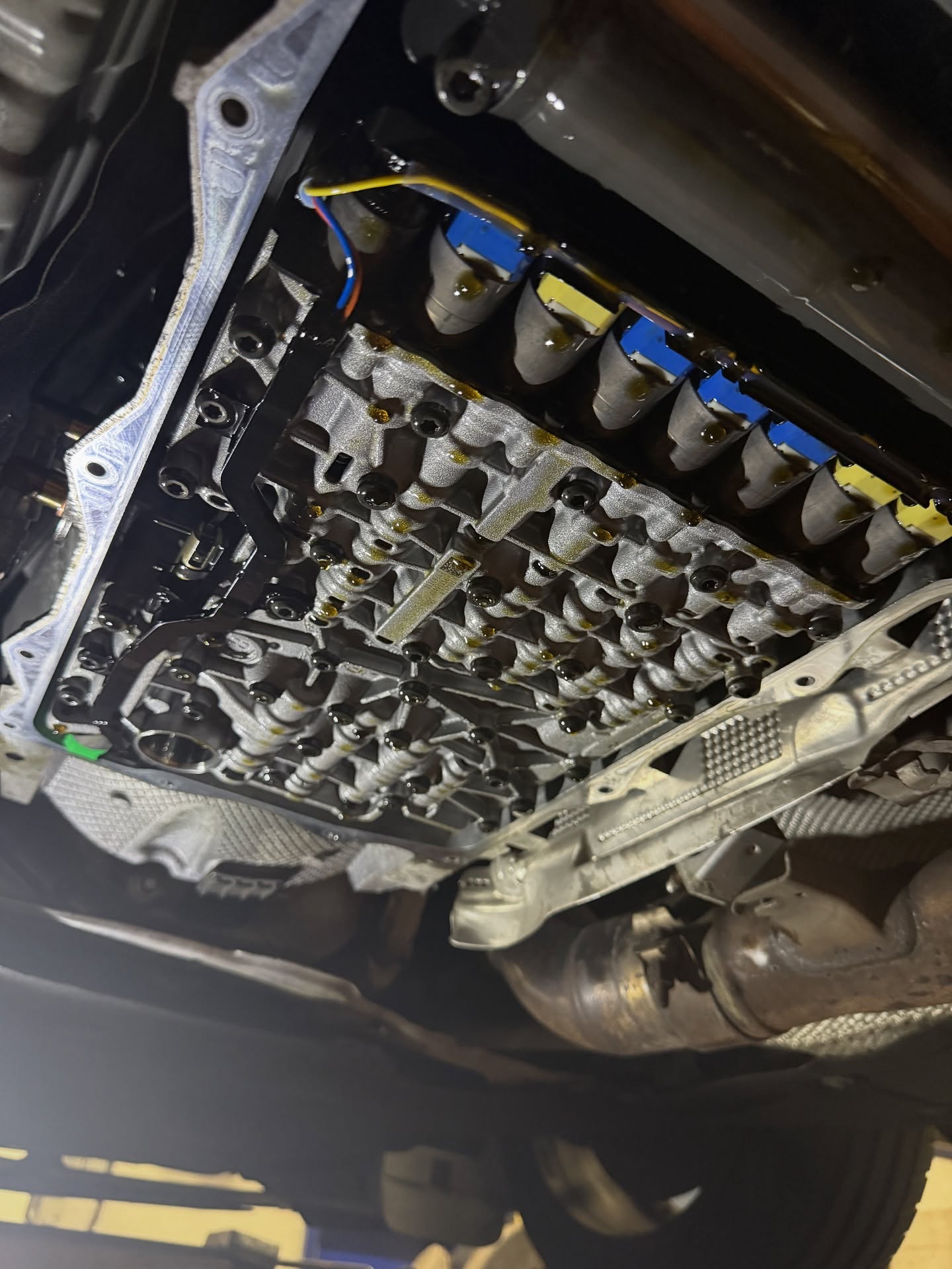 BMW ZF8 gearbox valve body exposed during a Lara AutoCentre fluid and filter service
